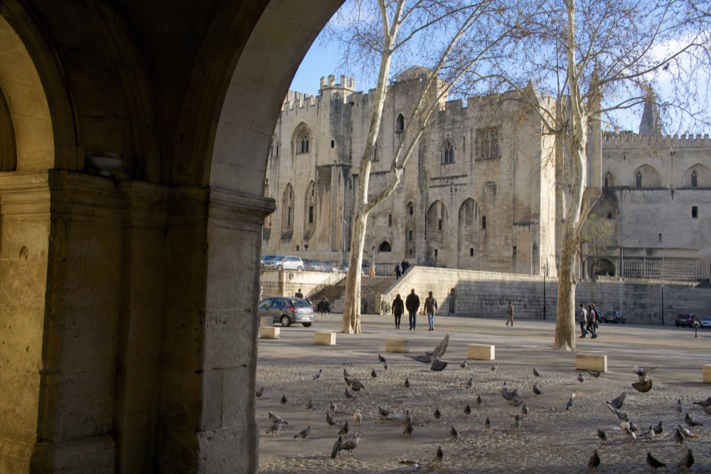 Avignon street scene with Palais des Papes, no text, no logos, no people