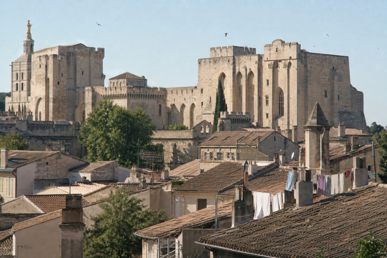 The Palais des Papes and rooftops of Avignon under a clear sky, no text, no logos, no people