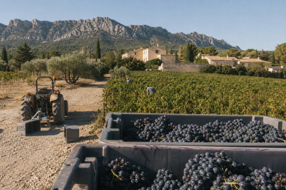 Harvest bins full of dark grapes in a Provence vineyard, no text, no logos, no people