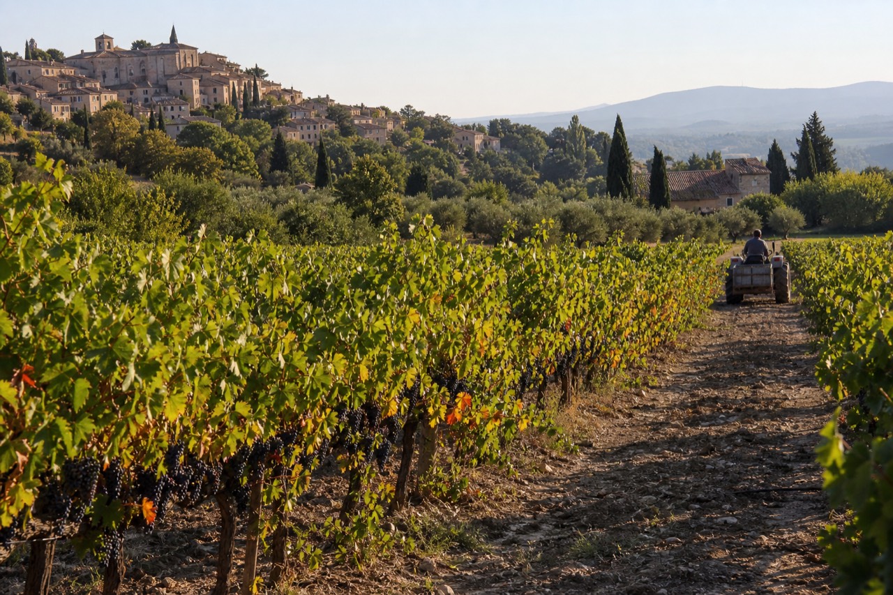 Provence vineyard in late summer with ripening grapes, no text, no logos, no people