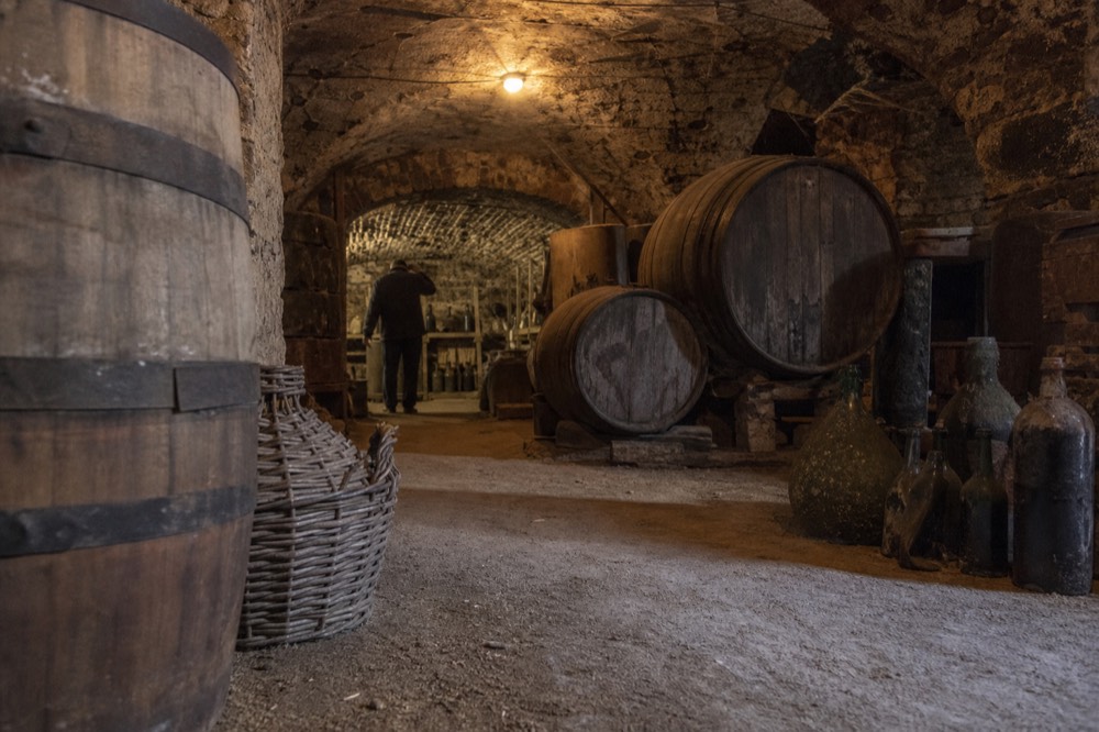 Stone cellar with old barrels and dusty bottles in Châteauneuf-du-Pape, no text, no logos, no people.
