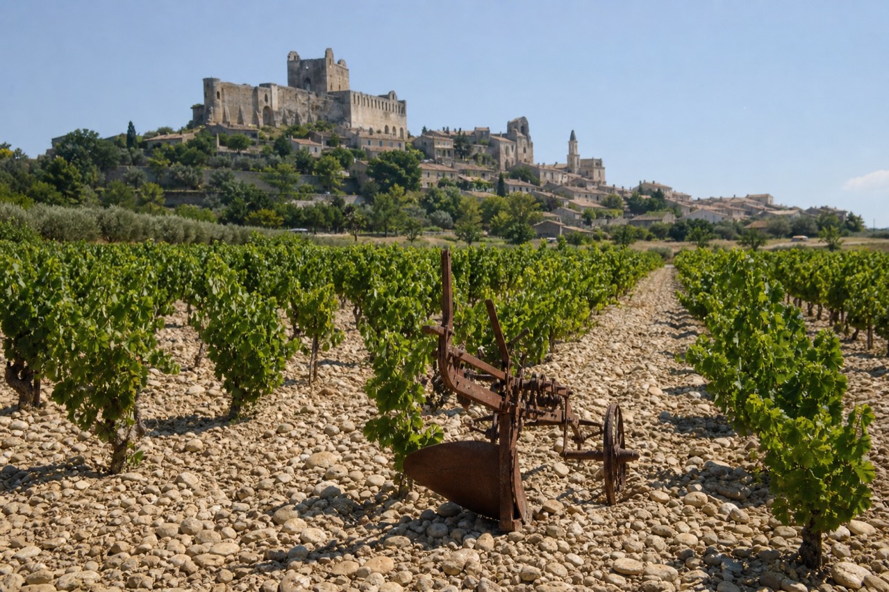 Vineyard rows and the village of Châteauneuf-du-Pape on its hill under a clear sky, no text, no logos, no people.