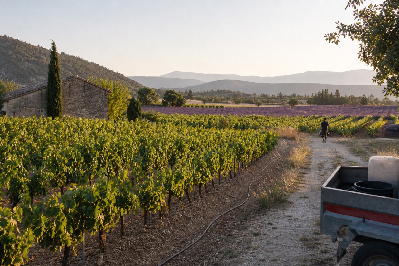 Lavender and vineyard landscape in Provence at golden hour, no text, no logos, no people.