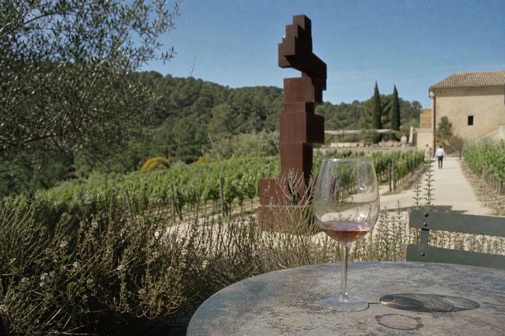A sculpture in a vineyard with a glass of wine on a table, no text, no logos, no people