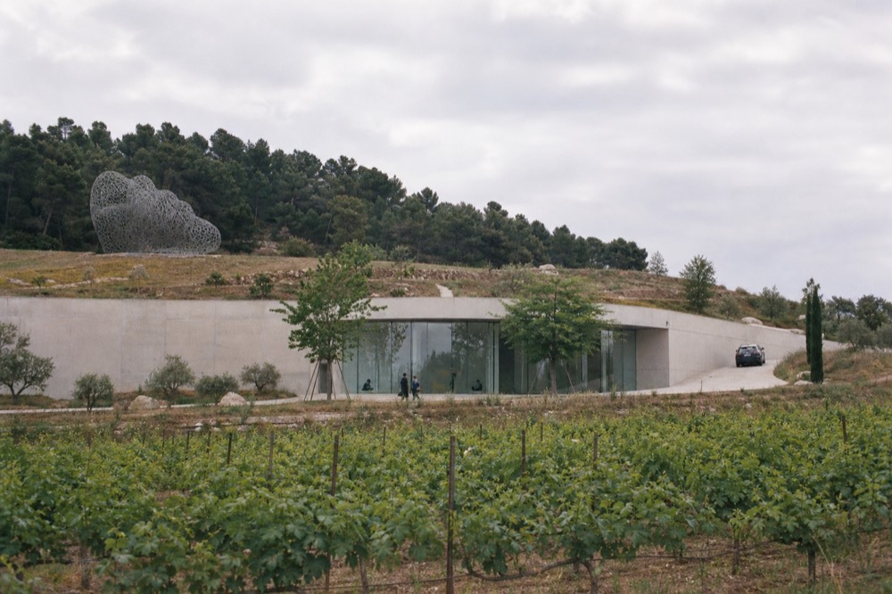 A modern art gallery built into a hillside with vineyards in the foreground, no text, no logos, no people