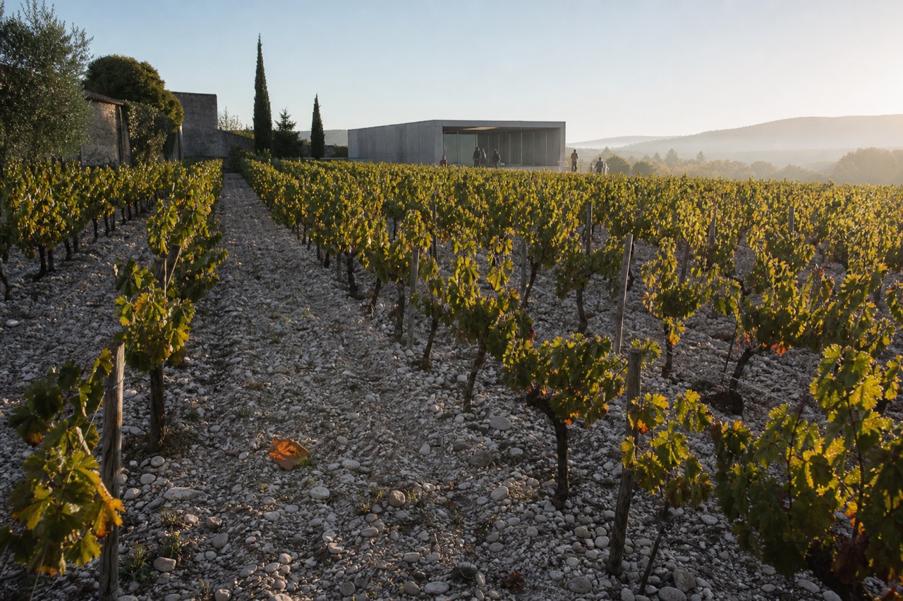 Vineyard rows with a contemporary art installation in the distance, no text, no logos, no people