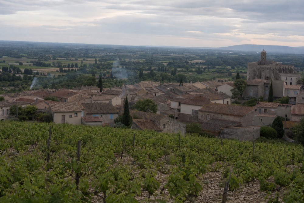 View over Châteauneuf-du-Pape rooftops and vineyards, no text, no logos, no people