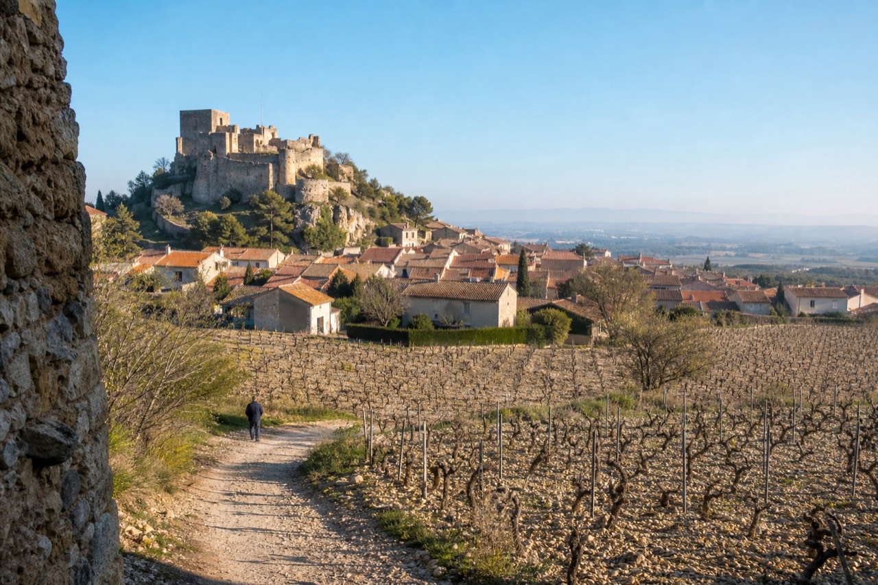 Châteauneuf-du-Pape village and vineyards, no text, no logos, no people