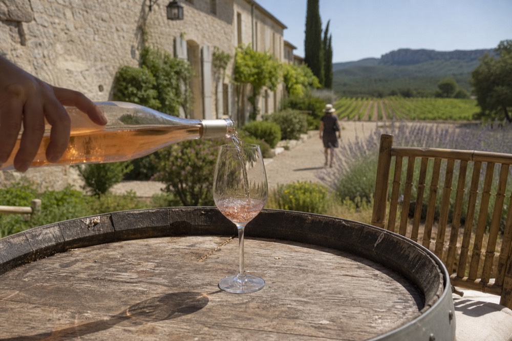 Pale rosé being poured into a glass with vineyard background, no text, no logos, no people
