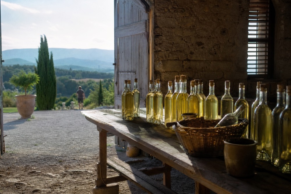 Rows of rosé bottles on a tasting table, no text, no logos, no people