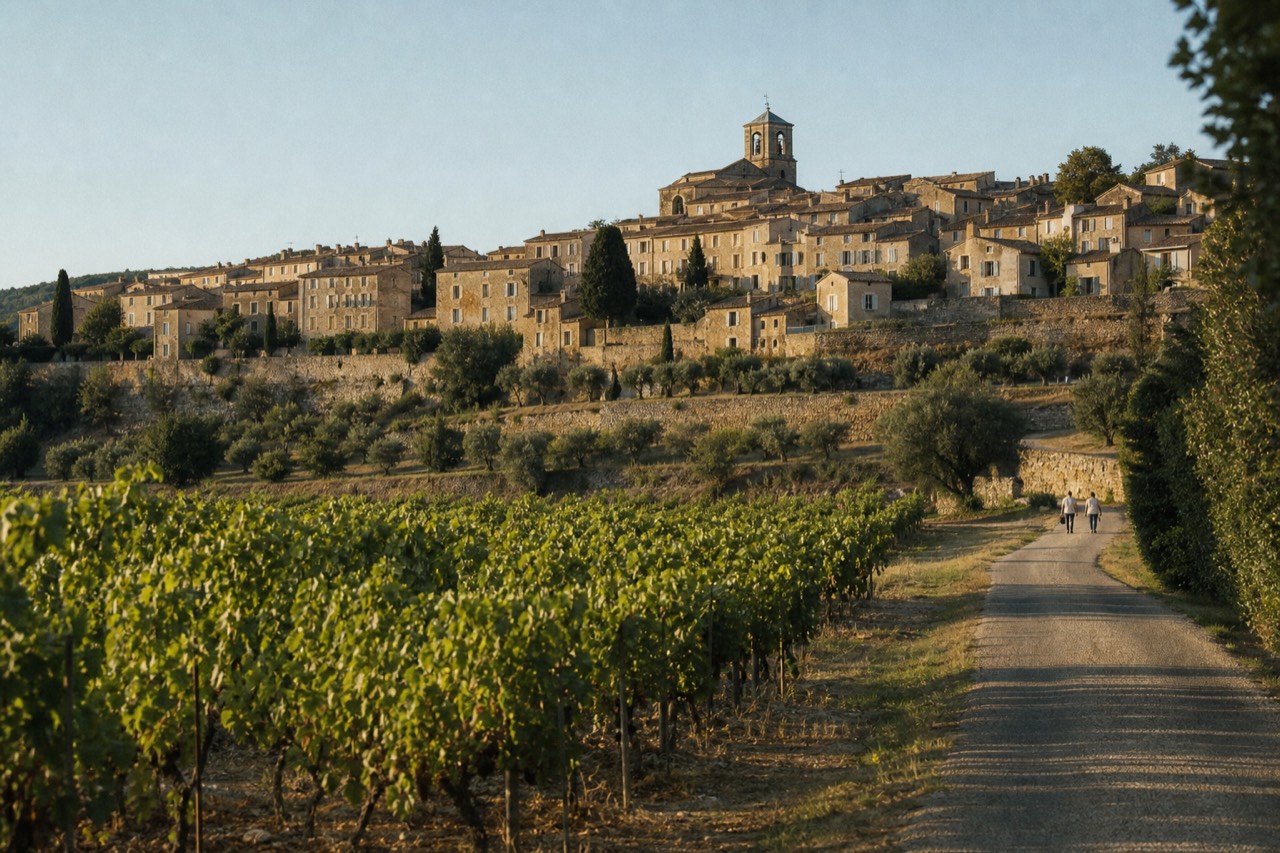Sunlit vineyard rows with a perched village in the distance, no text, no logos, no people
