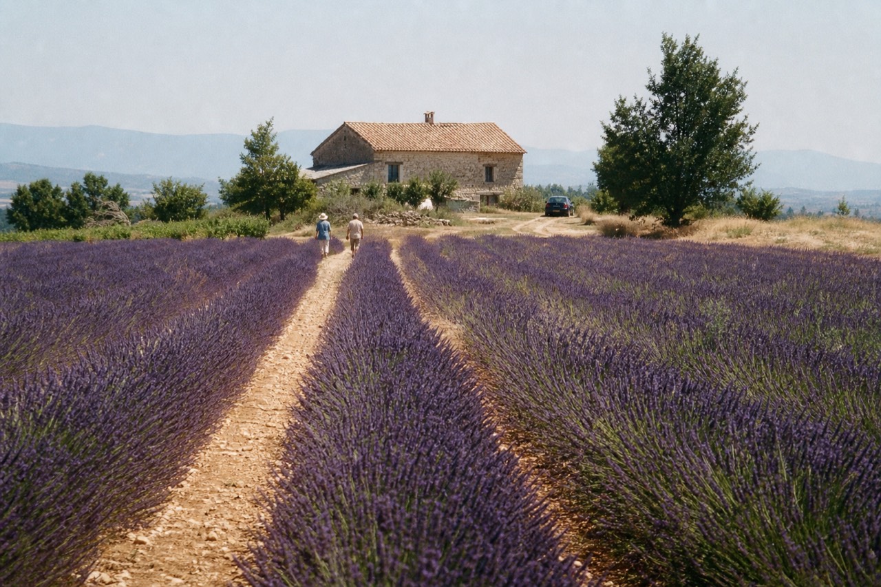 Rows of lavender stretching across the Valensole plateau toward a lone stone farmhouse, no text, no logos, no people.