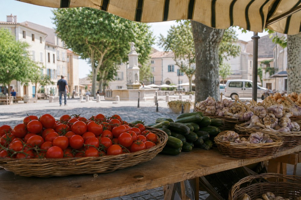 Provençal market stall, no text, no logos, no people