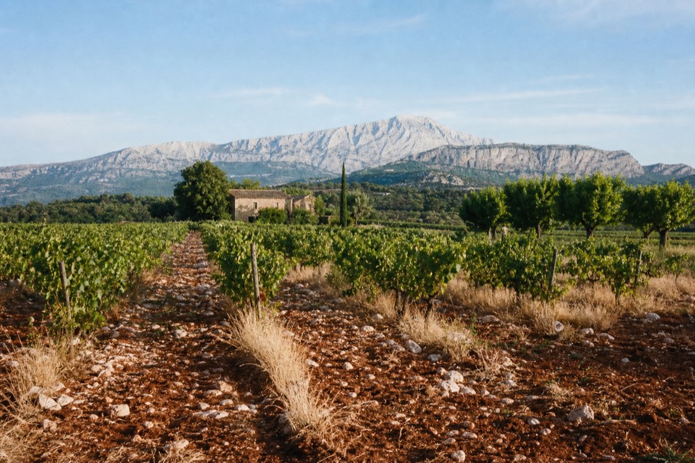 Provence vineyard landscape with limestone soils, no text, no logos, no people