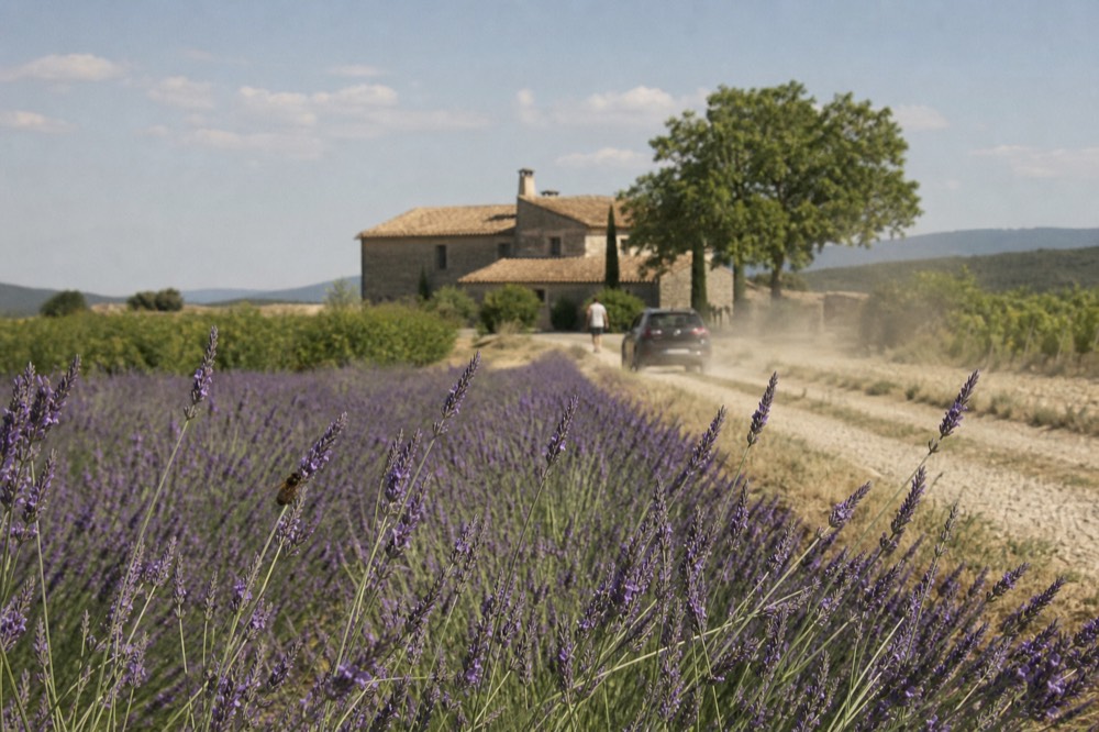 Purple lavender rows stretching toward a distant stone farmhouse, no text, no logos, no people