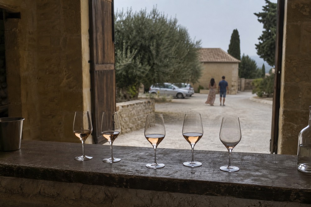 Tasting glasses of rosé lined on a wooden cellar counter, no text, no logos, no people