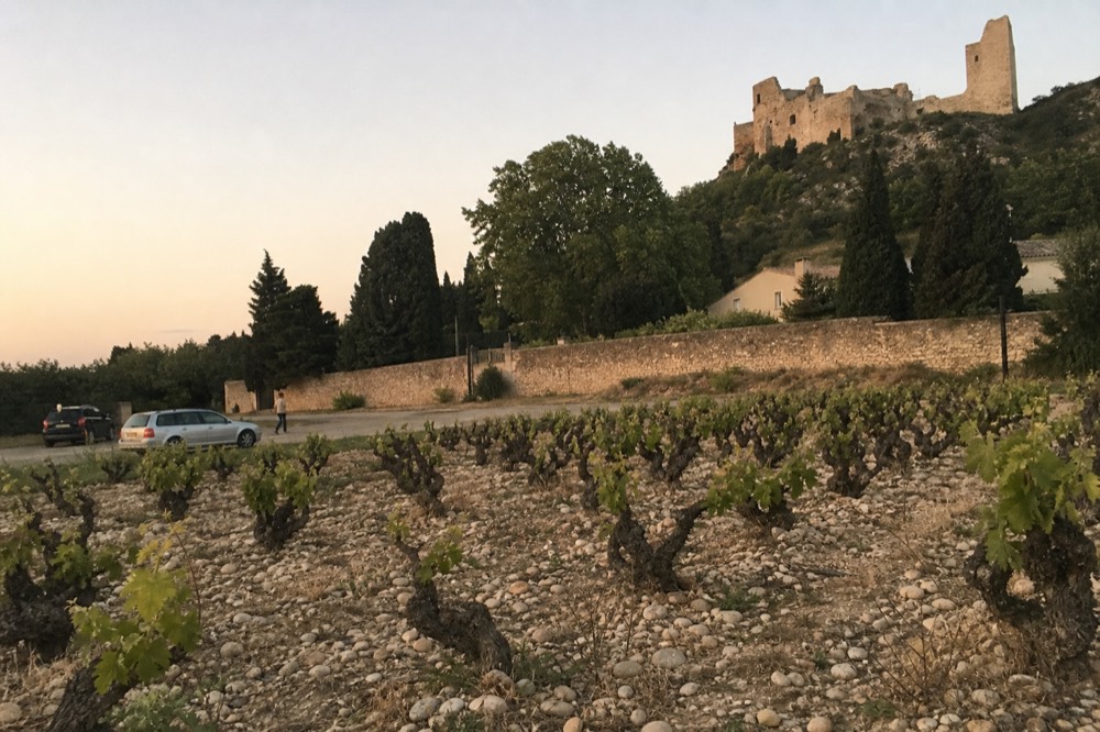 Vineyard rows and a stone château near Châteauneuf-du-Pape village, no text, no logos, no people