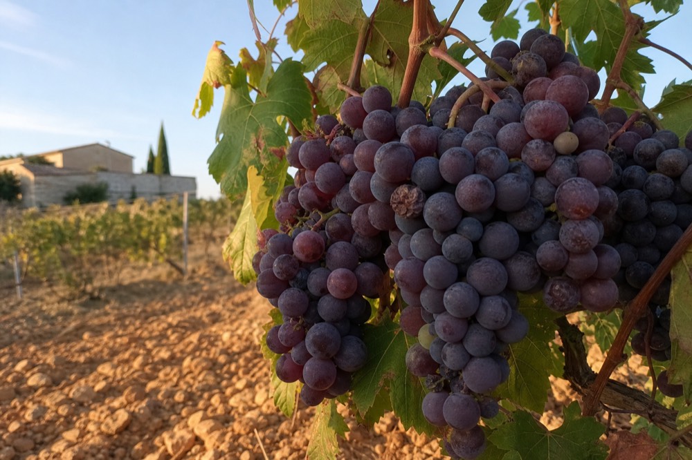 Close-up of dark red wine grapes on the vine in warm afternoon light, no text, no logos, no people