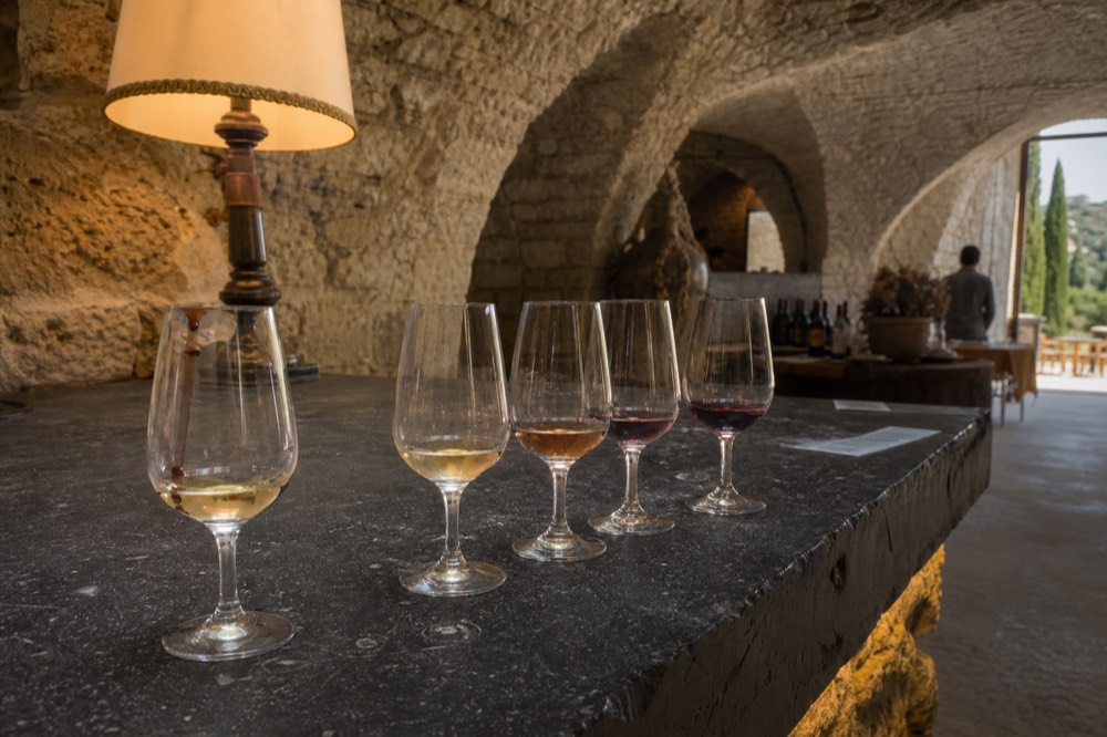 A tasting flight of wine glasses arranged on a cellar bar, no text, no logos, no people