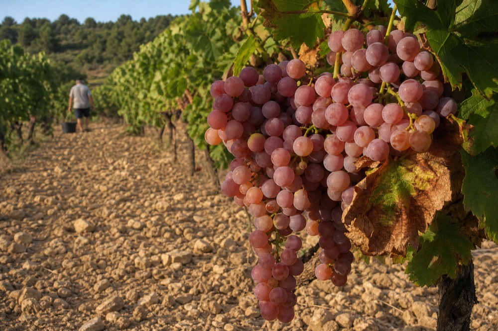 Rows of grenache grapes ripening on the vine, no text, no logos, no people