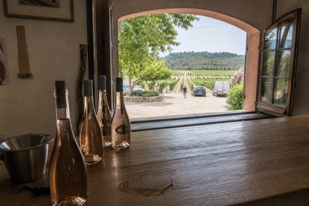 Tasting room with bottles of rosé and a view of vineyards, no text, no logos, no people