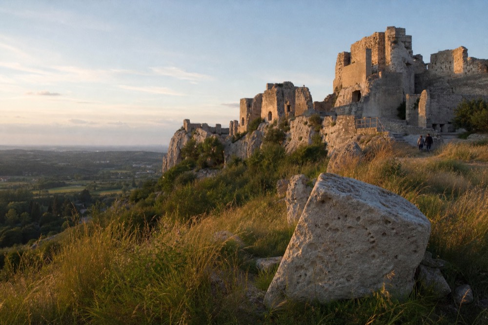 The ruined medieval castle walls on the limestone plateau above Les Baux de Provence, no text, no logos, no people