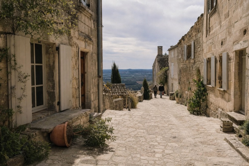 A quiet village street in Les Baux de Provence with stone houses and a view over the valley, no text, no logos, no people