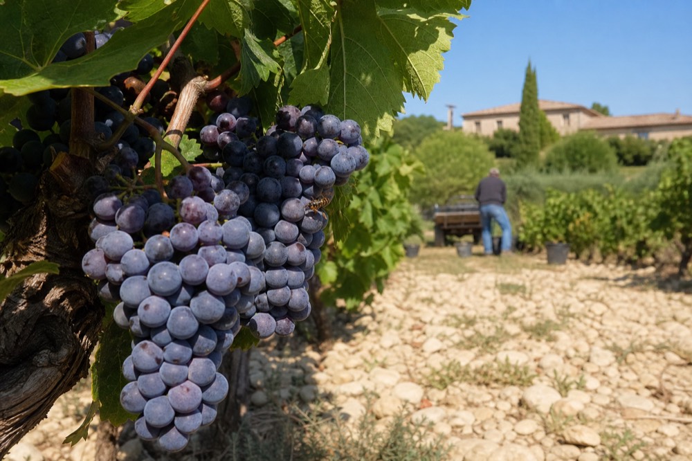 Close-up of ripe grenache grapes on the vine in Provence, no text, no logos, no people