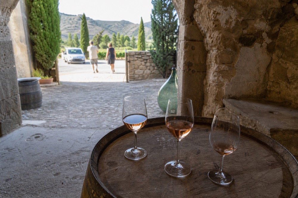 Glasses of pale Provençal rosé on a tasting table in a cellar, no text, no logos, no people