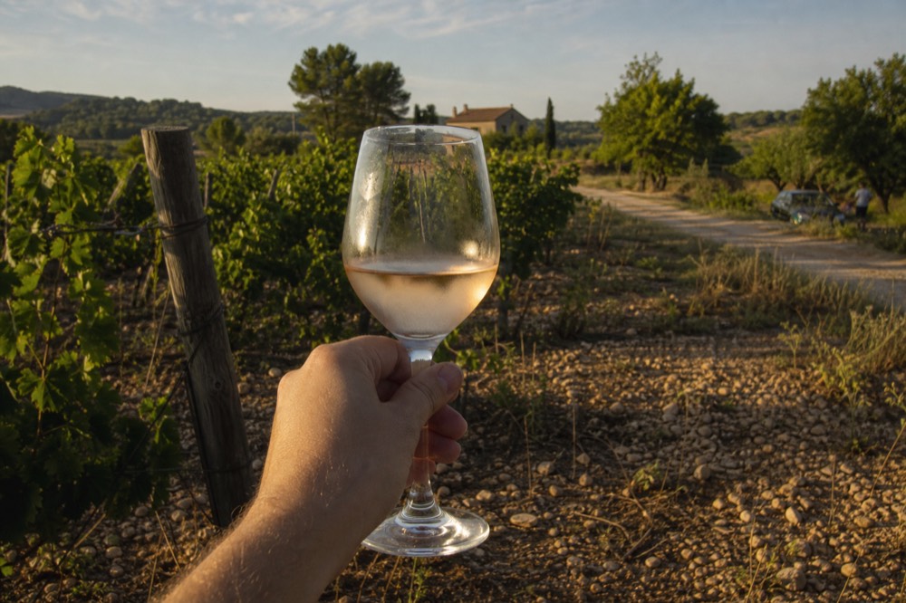 A glass of rosé held against a vineyard backdrop, no text, no logos, no people