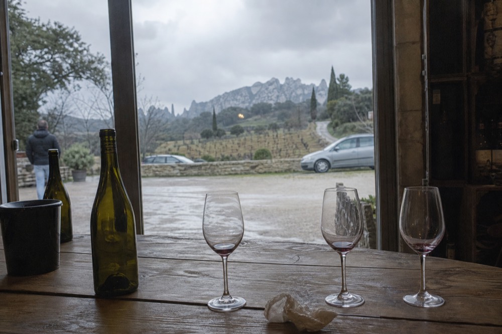 A tasting room with bottles and glasses on a wooden table overlooking vineyards, no text, no logos, no people