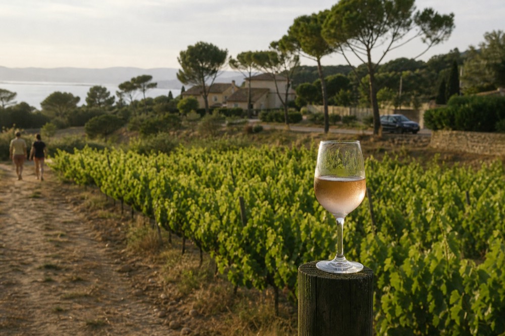 A glass of rosé held against a vineyard backdrop with soft evening light, no text, no logos, no people