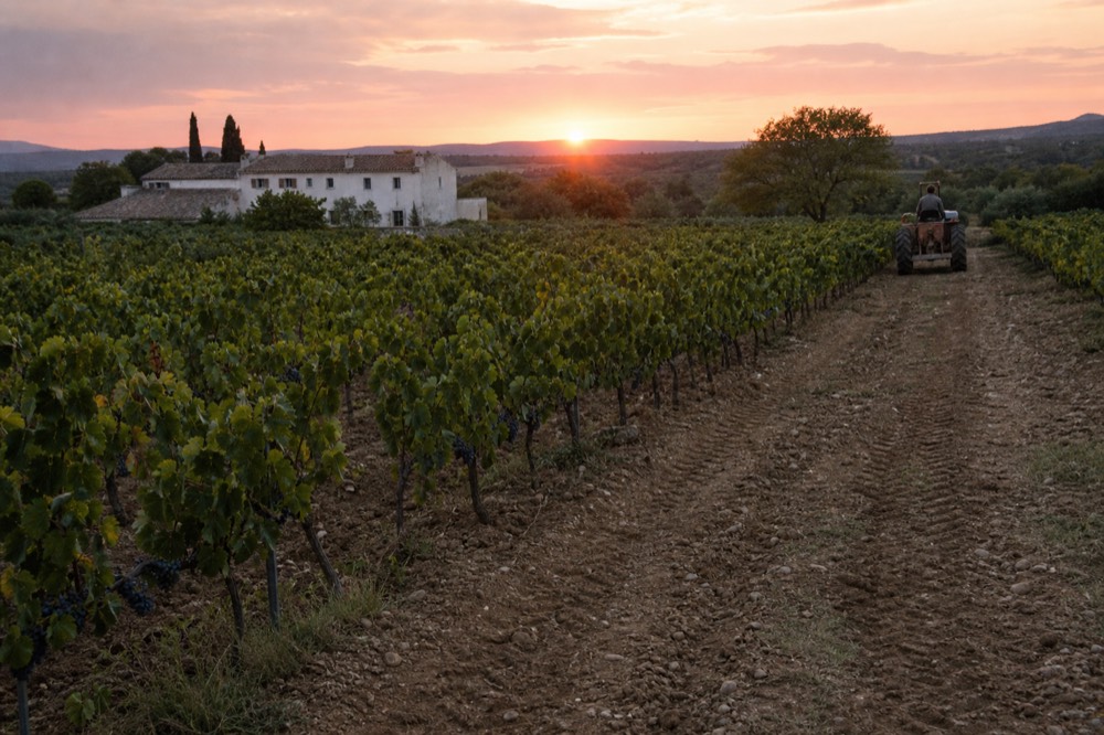 A sunset over vineyards with a stone farmhouse in the distance, no text, no logos, no people