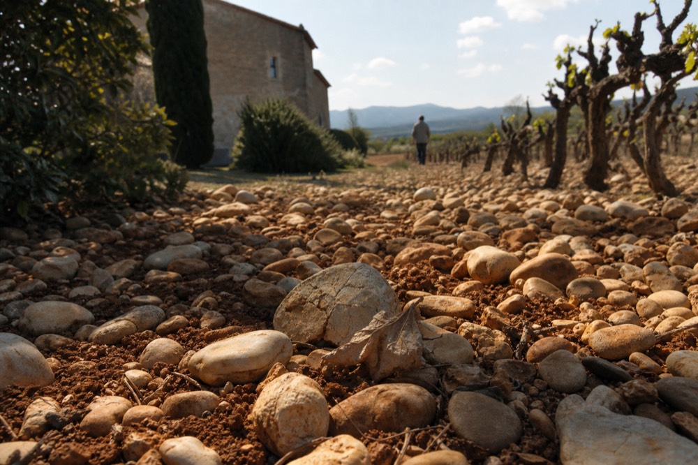 Gravelly vineyard soil with galets roulés, no text, no logos, no people