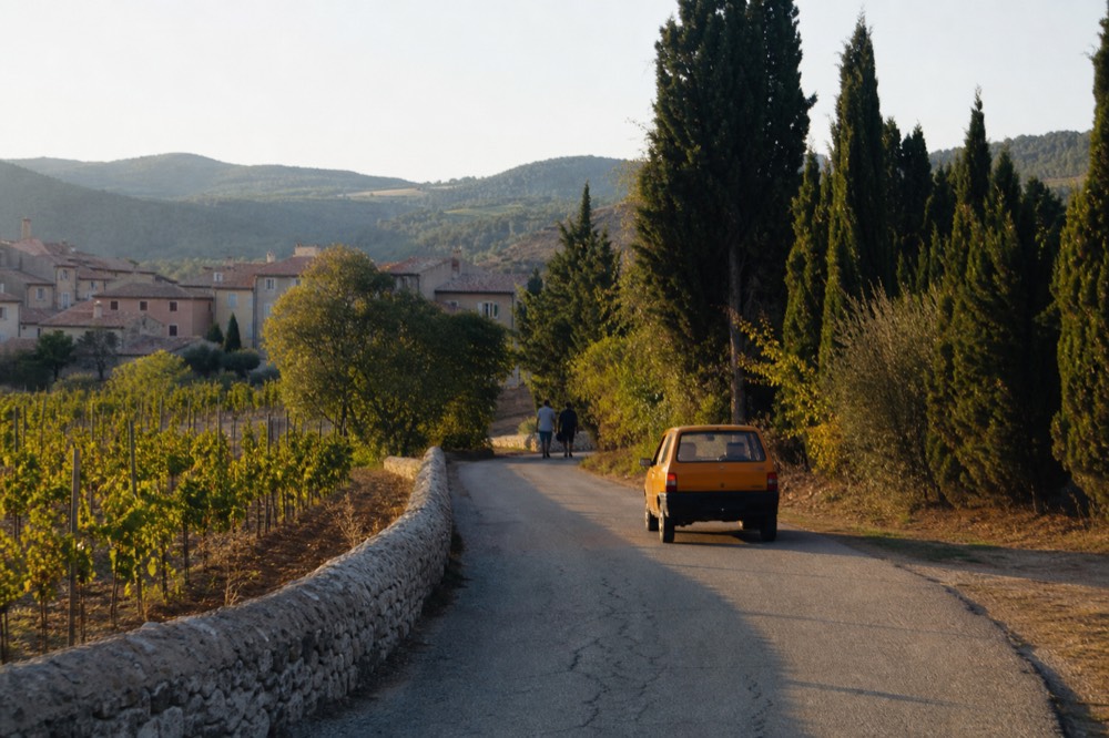 Road winding through Provence vineyards with hills in the distance, no text, no logos, no people