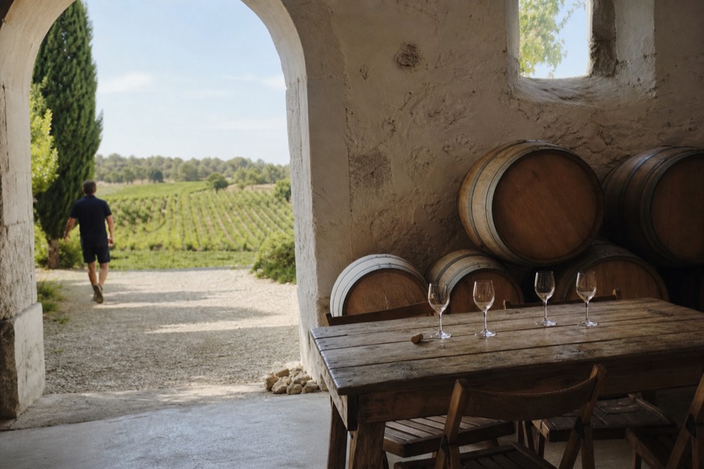 Tasting room interior with barrels and a table set for a wine tasting, no text, no logos, no people