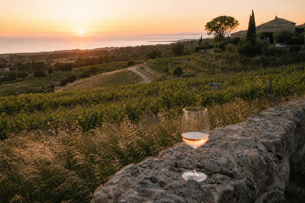 Sunset over Provence vineyards with a glass of rosé on a stone wall, no text, no logos, no people